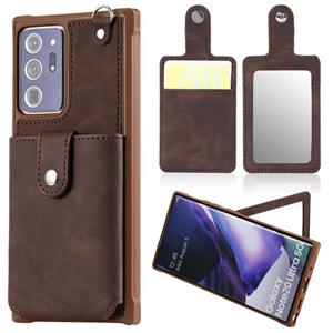 huismerk Voor Samsung Galaxy Note20 Ultra Schokbestendige beschermhoes met Mirror & Card Slot & Short Lanyard(Koffie)