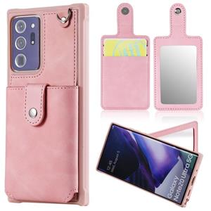 huismerk Voor Samsung Galaxy Note20 Ultra Schokbestendige beschermhoes met Mirror & Card Slot & Short Lanyard(Pink)