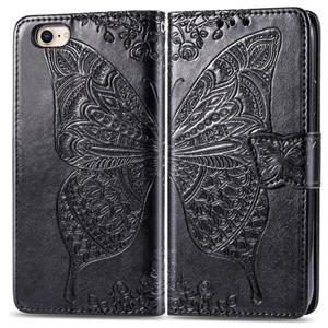 huismerk Voor iPhone SE 2020 Butterfly Love Flower Embossed Horizontale Flip Lederen Case met beugel / kaartslot / Portemonnee / Lanyard(Zwart)