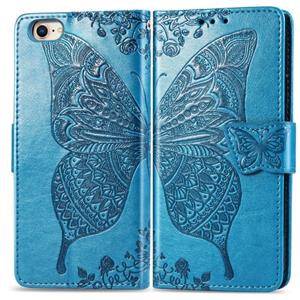 huismerk Voor iPhone SE 2020 Butterfly Love Flower Embossed Horizontale Flip Lederen Case met beugel / kaartslot / Portemonnee / Lanyard(Blauw)