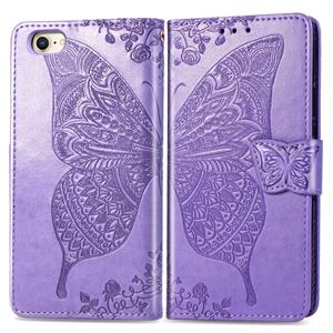 Huismerk Voor iPhone SE 2020 Butterfly Love Flower Embossed Horizontale Flip Lederen Case met beugel / kaartslot / Portemonnee / Lanyard (Licht paars)