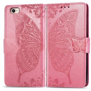 Huismerk Voor iPhone SE (2020) Butterfly Love Flower Embossed Horizontal Flip Leather Case with Bracket / Card Slot / Wallet / Lanyard(Pink)