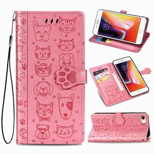 Huismerk Voor iPhone SE (2020) Cute Cat and Dog Embossed Horizontal Flip Leather Case with Bracket / Card Slot / Wallet / Lanyard(Pink)