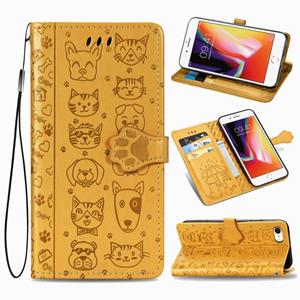 huismerk Voor iPhone SE 2020 Cute Cat en Dog Embossed Horizontale Flip Lederen Case met beugel / kaartslot / Portemonnee / Lanyard(Geel)