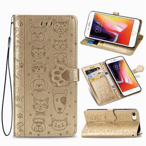 Huismerk Voor iPhone SE 2020 Cute Cat en Dog Embossed Horizontale Flip Lederen Case met Bracket / Card Slot / Wallet / Lanyard (Gold)