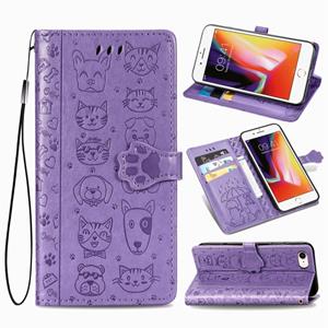 Huismerk Voor iPhone SE (2020) Cute Cat and Dog Embossed Horizontal Flip Leather Case with Bracket / Card Slot / Wallet / Lanyard(Purple)