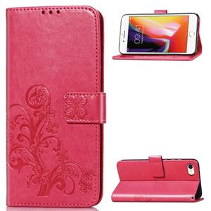 huismerk Voor iPhone SE 2020 Vierbladige gesp reliëf gesp mobiele telefoon bescherming lederen case met Lanyard & Card Slot & Wallet & Bracket Functie(Magenta