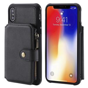 huismerk Voor iPhone X / XS Zipper Shockproof Beschermhoes met kaartsleuven & beugel & fotohouder & portemonneefunctie(Zwart)