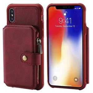 huismerk Voor iPhone X / XS Zipper Shockproof Protective Case met Card Slots & Bracket & Photo Holder & Wallet Function(Red)