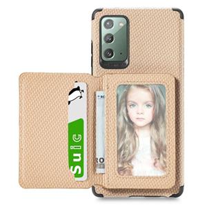 huismerk Voor Samsung Galaxy Note20 Carbon Fiber Magnetic Card Tas TPU + PU Schokbestendig Back Cover Case met Houder & Card Slot & Fotolijst (Khaki)