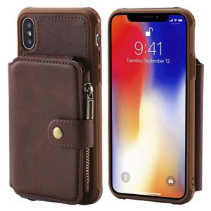 huismerk Voor iPhone X / XS Zipper Shockproof Beschermhoes met kaartsleuven & beugel & fotohouder & portemonneefunctie(Koffie)