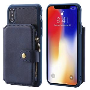 huismerk Voor iPhone X / XS Zipper Shockproof Beschermhoes met kaartsleuven & beugel & fotohouder & portemonneefunctie(blauw)