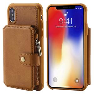 huismerk Voor iPhone X / XS Zipper Shockproof Beschermhoes met kaartsleuven & beugel & fotohouder & portemonneefunctie(Bruin)