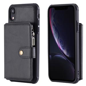 huismerk Voor iPhone XR Zipper Shockproof Beschermhoes met kaartsleuven & beugel & fotohouder & portemonneefunctie(zwart)