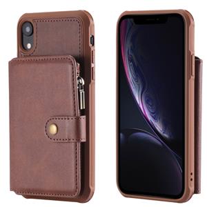 huismerk Voor iPhone XR Zipper Shockproof Beschermhoes met kaartsleuven & beugel & fotohouder & portemonneefunctie(Koffie)