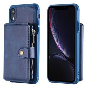 huismerk Voor iPhone XR Zipper Shockproof Beschermhoes met kaartsleuven & beugel & fotohouder & portemonneefunctie(blauw)