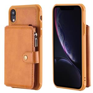 huismerk Voor iPhone XR Zipper Shockproof Beschermhoes met kaartsleuven & beugel & fotohouder & portemonneefunctie(Bruin)