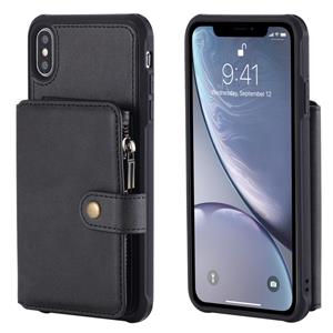 huismerk Voor iPhone XS Max Zipper Shockproof Protective Case met Kaartsleuven & Beugel & Fotohouder & Wallet Functie(Zwart)