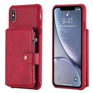 huismerk Voor iPhone XS Max Zipper Shockproof Protective Case met Kaartslots & Beugel & Fotohouder & Wallet Functie(Rood)