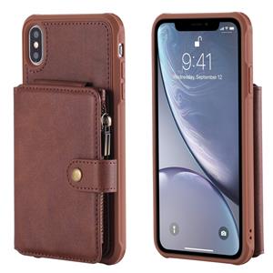 huismerk Voor iPhone XS Max Zipper Shockproof Protective Case met Kaartsleuven & Beugel & Fotohouder & Wallet-functie(Koffie)