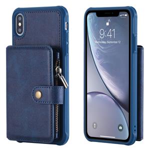 huismerk Voor iPhone XS Max Zipper Shockproof Protective Case met kaartsleuven & beugel & fotohouder & portemonneefunctie(blauw)