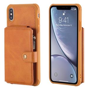 huismerk Voor iPhone XS Max Zipper Shockproof Protective Case met Kaartsleuven & Beugel & Fotohouder & Wallet-functie(Bruin)