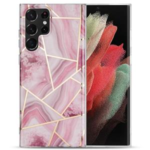 huismerk Voor Samsung Galaxy S22 Ultra 5G Electroplating IMD Marble TPU Telefoonhoes (Rose Red)