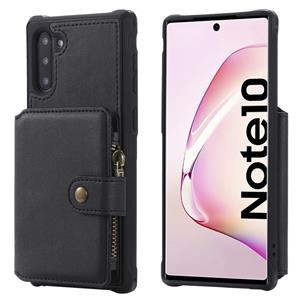 huismerk Voor Galaxy Note 10 Zipper Shockproof Beschermhoes met kaartsleuven & beugel & fotohouder & portemonneefunctie(zwart)