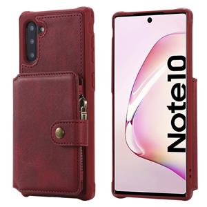 huismerk Voor Galaxy Note 10 Zipper Shockproof Protective Case met kaartsleuven & beugel & fotohouder & portemonneefunctie(rood)