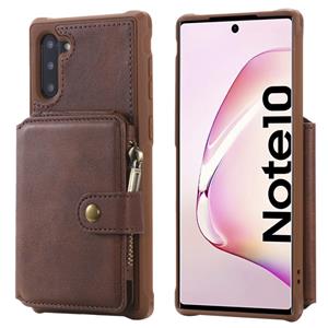 huismerk Voor Galaxy Note 10 Zipper Shockproof Beschermhoes met kaartsleuven & beugel & fotohouder & portemonneefunctie(Koffie)