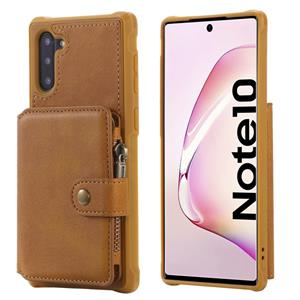 huismerk Voor Galaxy Note 10 Zipper Shockproof Beschermhoes met kaartsleuven & beugel & fotohouder & portemonneefunctie(Bruin)