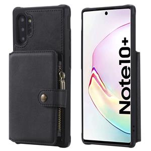 huismerk Voor Galaxy Note 10 Plus Zipper Shockproof Beschermhoes met kaartsleuven & beugel & fotohouder & portemonneefunctie(zwart)