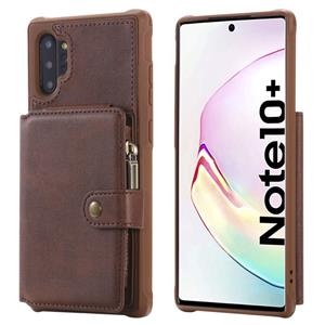 huismerk Voor Galaxy Note 10 Plus Zipper Shockproof Beschermhoes met kaartsleuven & beugel & fotohouder & portemonneefunctie(Koffie)