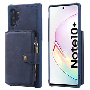 huismerk Voor Galaxy Note 10 Plus Zipper Shockproof Beschermhoes met kaartsleuven & beugel & fotohouder & portemonneefunctie (blauw)