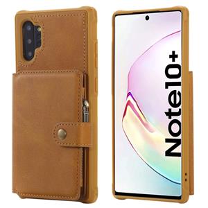 huismerk Voor Galaxy Note 10 Plus Zipper Shockproof Beschermhoes met kaartsleuven & beugel & fotohouder & portemonneefunctie(Bruin)