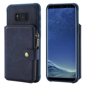 huismerk Voor Galaxy S8 Plus Zipper Shockproof Beschermhoes met kaartsleuven & beugel & fotohouder & portemonneefunctie (blauw)