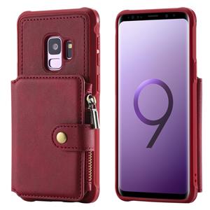 huismerk Voor Galaxy S9 Zipper Shockproof Protective Case met Card Slots & Bracket & Photo Holder & Wallet Function(Red)