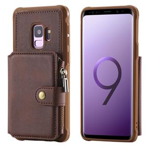 huismerk Voor Galaxy S9 Zipper Shockproof Beschermhoes met kaartsleuven & beugel & fotohouder & portemonneefunctie(Koffie)