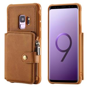 huismerk Voor Galaxy S9 Zipper Shockproof Beschermhoes met kaartsleuven & beugel & fotohouder & portemonneefunctie(Bruin)