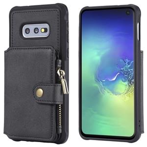 huismerk Voor Galaxy S10e Zipper Shockproof Protective Case met kaartsleuven & beugel & fotohouder & portemonneefunctie(zwart)