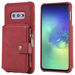 huismerk Voor Galaxy S10e Zipper Shockproof Protective Case met Card Slots & Bracket & Photo Holder & Wallet Function(Red)