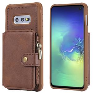 huismerk Voor Galaxy S10e Zipper Shockproof Protective Case met kaartsleuven & beugel & fotohouder & portemonneefunctie(Koffie)