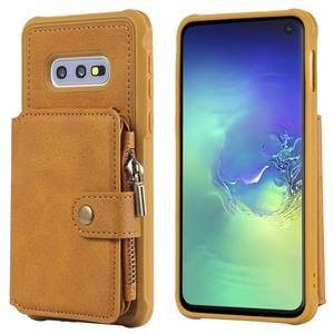 huismerk Voor Galaxy S10e Zipper Shockproof Protective Case met kaartsleuven & beugel & fotohouder & portemonneefunctie(Bruin)