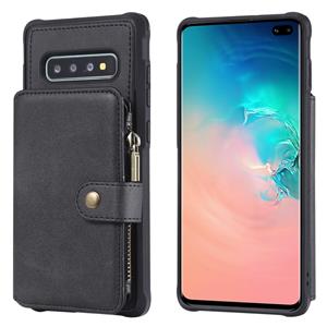 huismerk Voor Galaxy S10 Plus Zipper Shockproof Beschermhoes met kaartsleuven & beugel & fotohouder & portemonneefunctie(zwart)