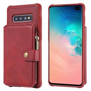 huismerk Voor Galaxy S10 Plus Zipper Shockproof Beschermhoes met kaartsleuven & beugel & fotohouder & portemonneefunctie(rood)