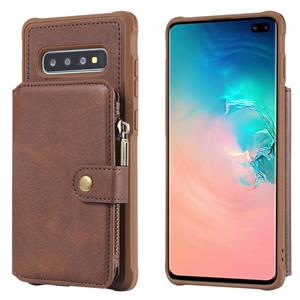 huismerk Voor Galaxy S10 Plus Zipper Shockproof Beschermhoes met kaartsleuven & beugel & fotohouder & portemonneefunctie(Koffie)