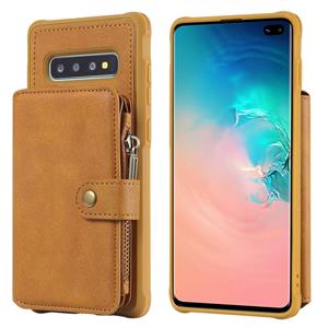 huismerk Voor Galaxy S10 Plus Zipper Shockproof Beschermhoes met kaartsleuven & beugel & fotohouder & portemonneefunctie(Bruin)