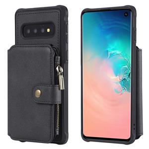 huismerk Voor Galaxy S10 Zipper Shockproof Beschermhoes met kaartsleuven & beugel & fotohouder & portemonneefunctie(zwart)