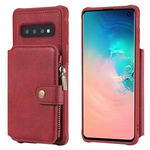 huismerk Voor Galaxy S10 Zipper Shockproof Protective Case met Kaartslots & Bracket & Photo Holder & Wallet Function(Red)