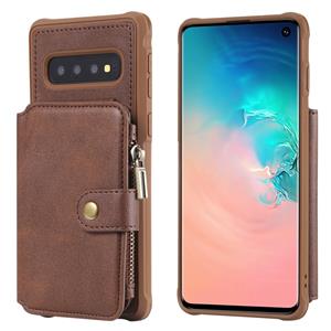 huismerk Voor Galaxy S10 Zipper Shockproof Protective Case met kaartsleuven & beugel & fotohouder & portemonneefunctie(Koffie)